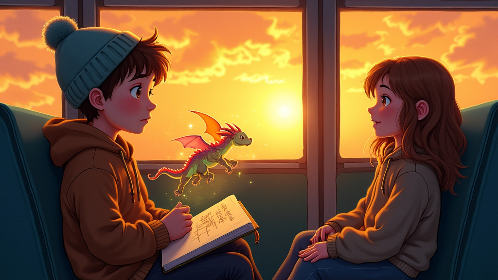 Boy and Girl sitting on a Bus with a small dragon flying off the pages of a sketchbook